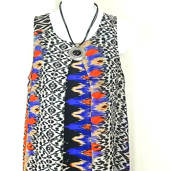 Sun Dress Sheath chiffon tribal geometric print overlay midi stretch sleeveless - Picture 2 of 11